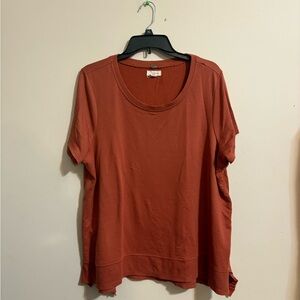 Cupio shirt Women’s 1X top short sleeve coral V cut waist band with ruffles